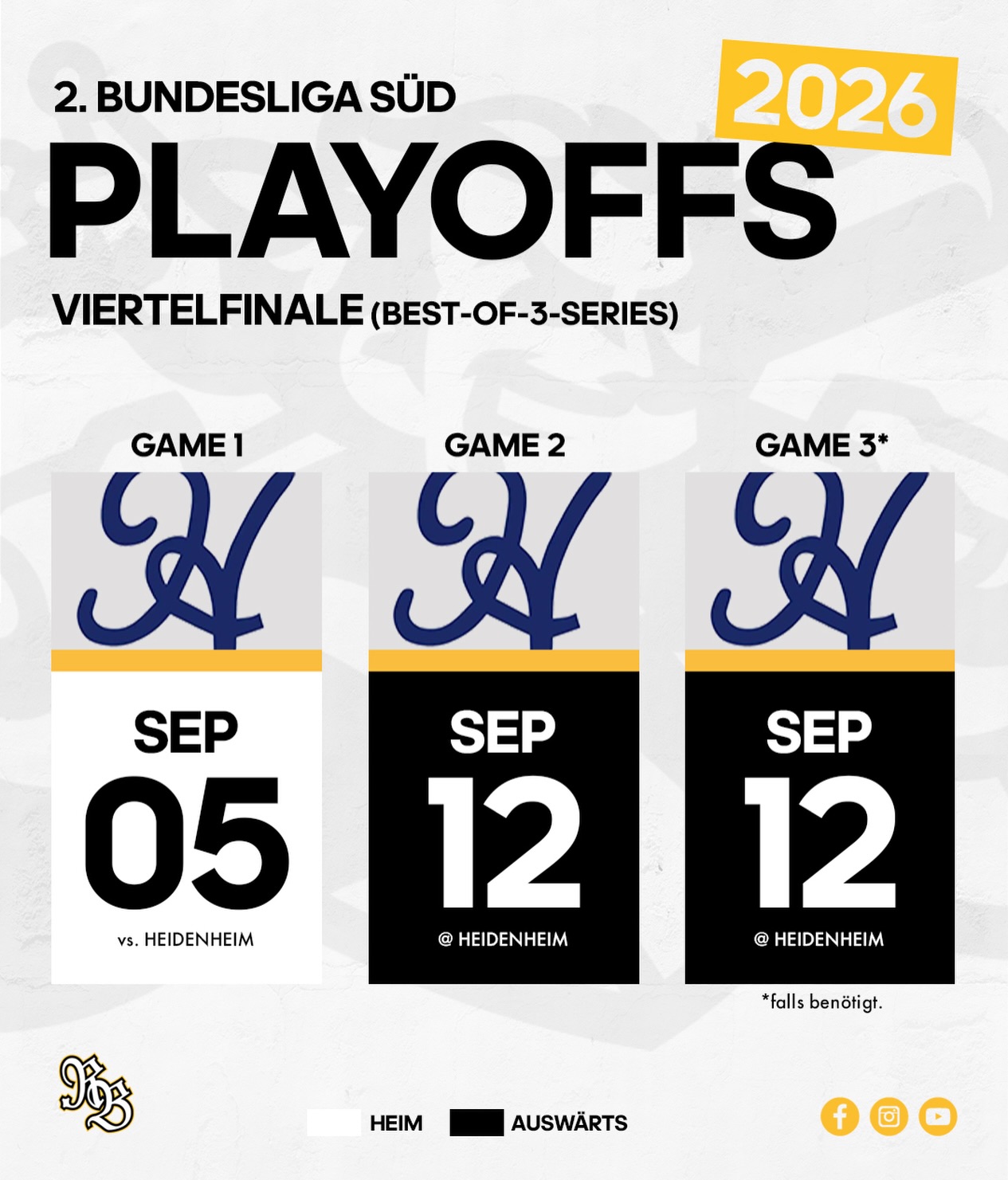 PLAYOFFS VIERTELFINALE 💥👑

Unsere Jungs treffen im Viertelfinale auf die @heidekoepfe II. ⚾️🧢
Am 05. September findet das erste Spiel der Best-of-3-Series um 14:00 Uhr bei uns am King’s Field statt. Don’t miss it! 👊

#Fiassa #RBNation #HomeoftheKing👑
