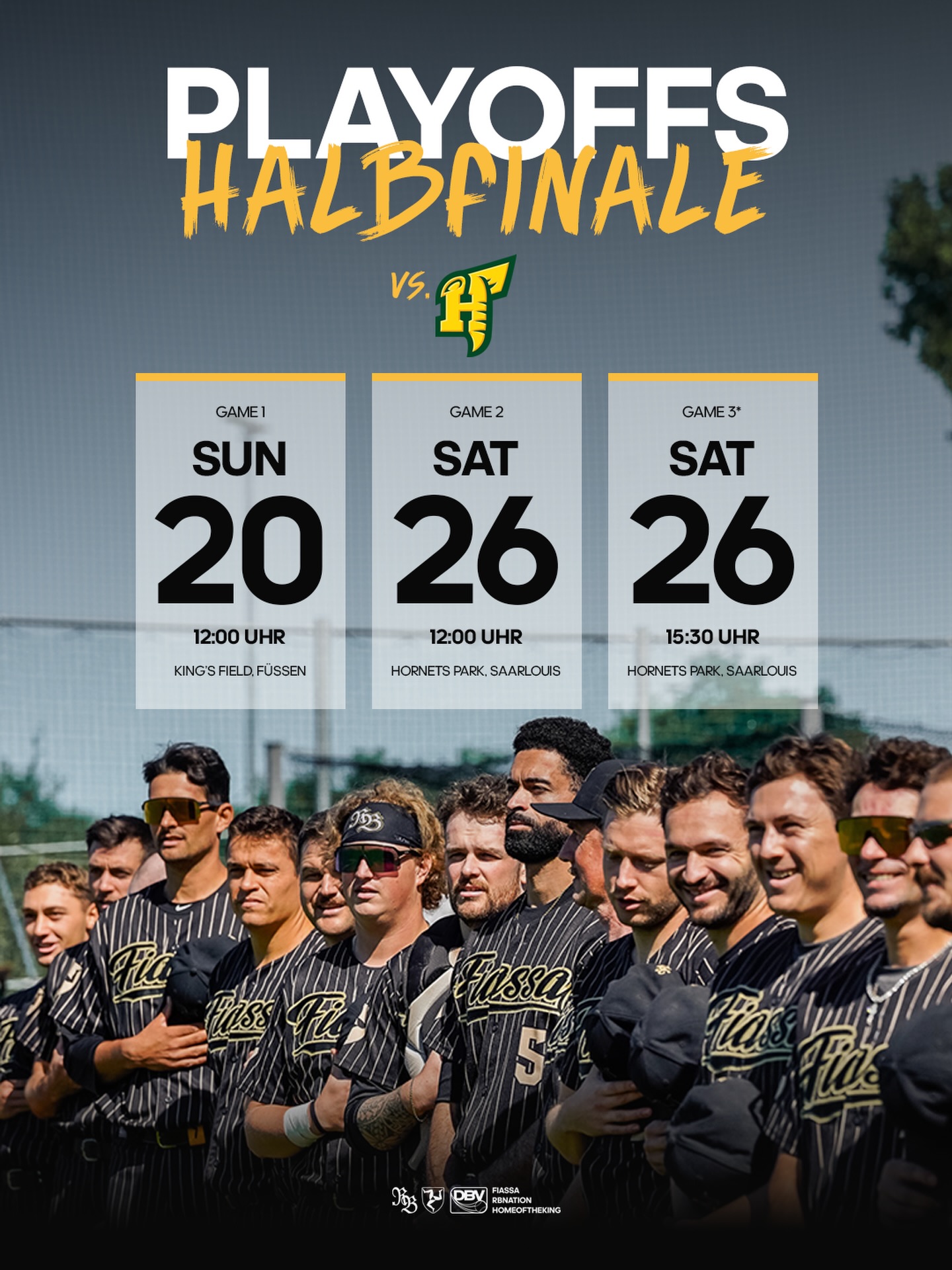 HALBFINALE 🔥

Best-of-3-Serie. Füssen 🔛 Saarlouis.
Drei mögliche Spiele. Zwei Siege nötig. Ein Ziel. 👑⚾️

Unsere Jungs können zum ersten Mal in der Vereinsgeschichte ins Finale der 2. Bundesliga einziehen 👀

Jetzt Tickets sichern 👉🏼 Link in Bio.

LET’S GO FIASSA 🖤💛

#Fiassa #RBNation #HomeoftheKing👑
📸: @martinbuehler.pictures