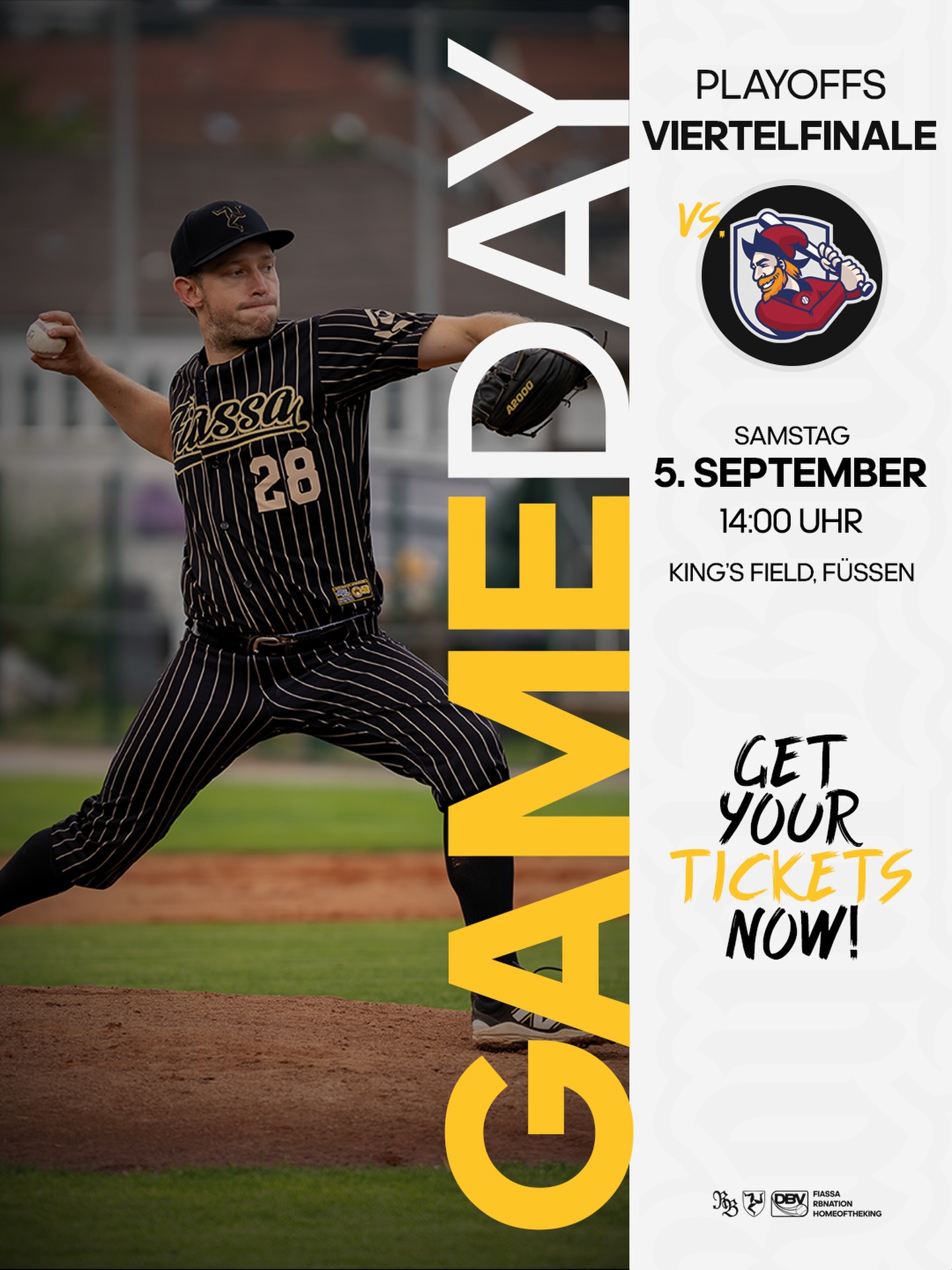 Viertelfinale am King’s Field🔥⚾

Am 5. September steigt Game 1 der Best-of-3-Serie gegen die @heidekoepfe – wir wollen das King’s Field in Gold und Schwarz sehen!

🎓 Gameday Special: Alle Kids mit einer „Eins“ im Zeugnis erhalten gemeinsam mit einem Elternteil freien Eintritt. Zeugnis einpacken, am Eingang vorzeigen, Playoff-Baseball genießen!

Tickets sind ab sofort im Ticketshop verfügbar 🎟️

#Fiassa #RBNation #HomeoftheKing👑
📸: @martinbuehler.pictures